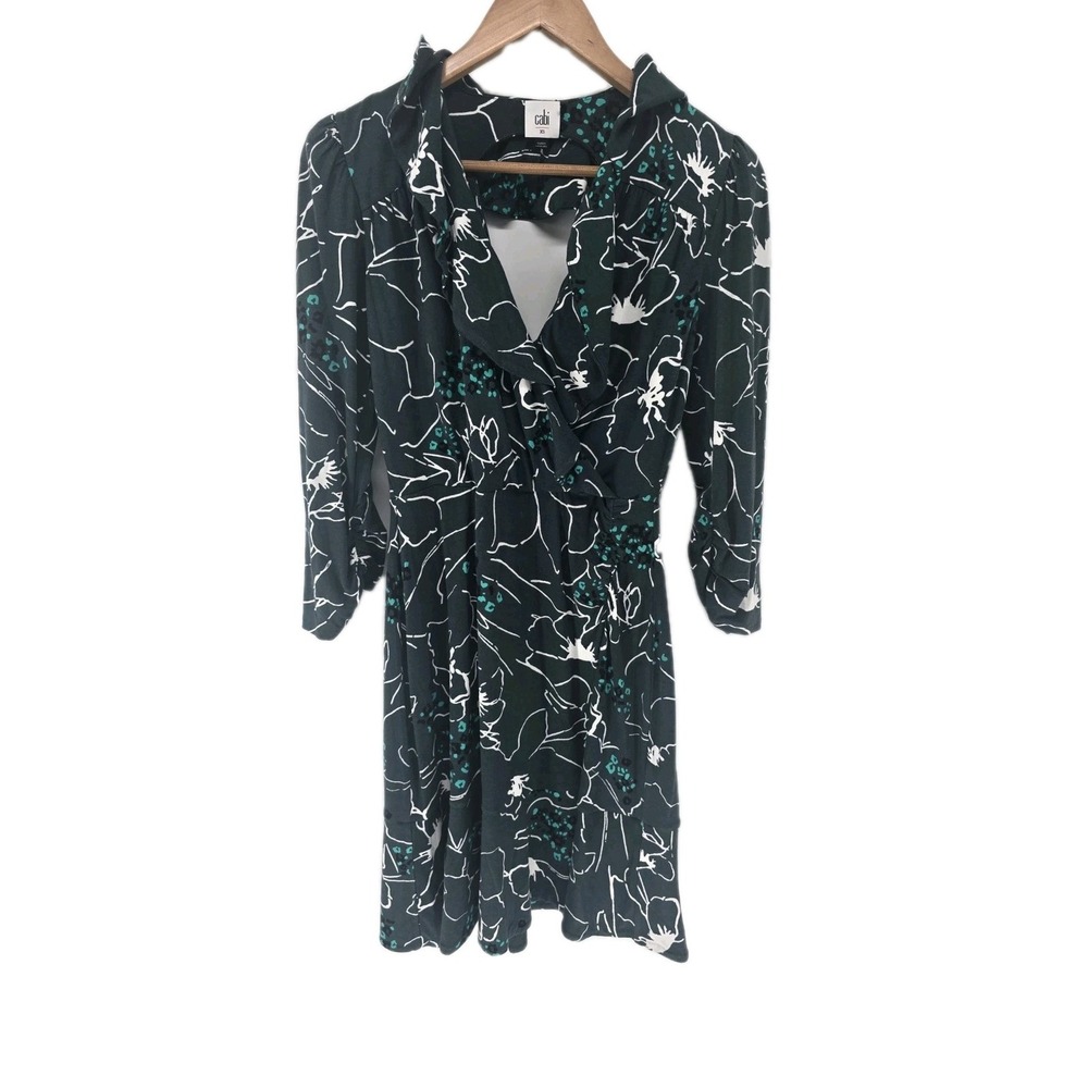 Cabi Dress Womens XS Green Floral Style 4453 Ruffle Back Cutout Faux Wrap Jersey